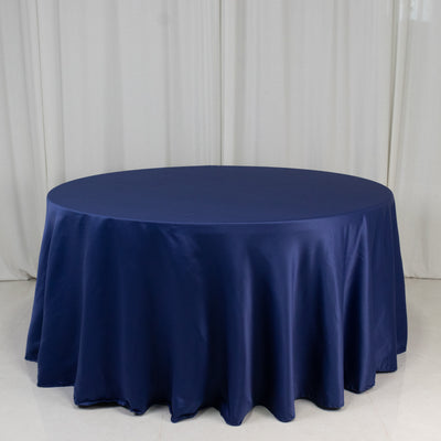 Navy blue round tablecloth with elegant draping
