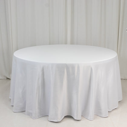 Lamour Satin Round Tablecloth 120" White - Silk-Like Seamless Table Cover for Exquisite Weddings