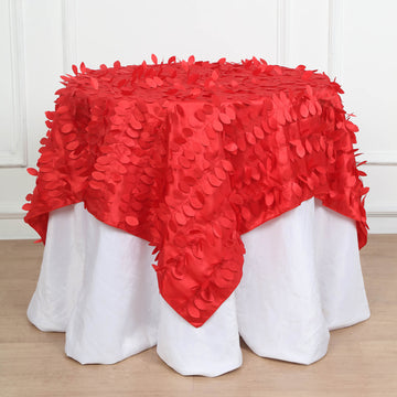 Red 3D Leaf Petal Taffeta Fabric Seamless Square Table Overlay 54 inch - A Versatile and Stylish Choice