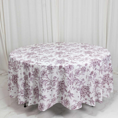 Round tablecloth with mauve floral print on white background
