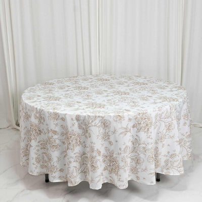Round floral tablecloth on dining table with elegant beige pattern