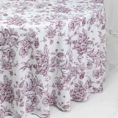 Floral tablecloth with burgundy botanical print on white fabric