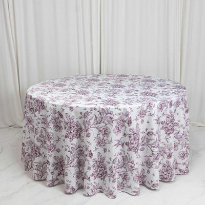 Round floral tablecloth in white and mauve with draped skirt design