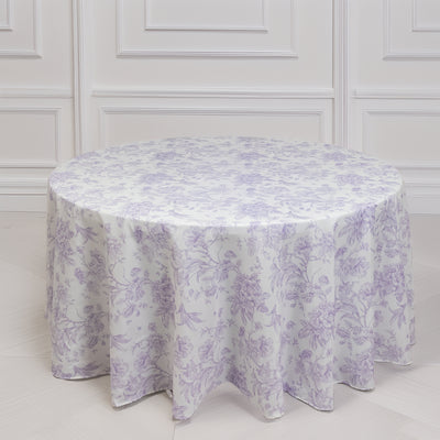 Round floral tablecloth in lavender and white with elegant design.