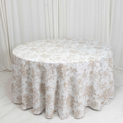 Round floral tablecloth in soft beige and white, elegant dining table cover