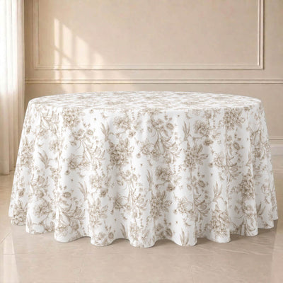 Polyester Round Tablecloth 120" White with Taupe French Toile Pattern - Sophisticated Table Cover for Chic Weddings & Events