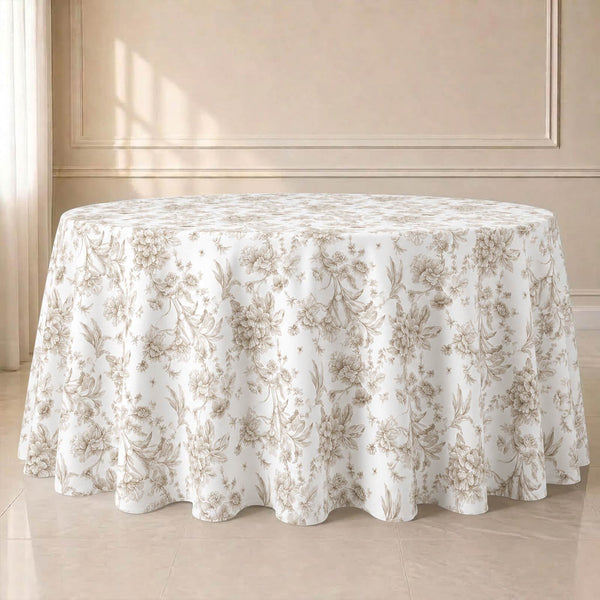 Elegant floral round tablecloth in beige and white for dining tables