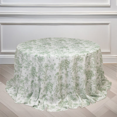 Green floral round tablecloth on a plain white background.
