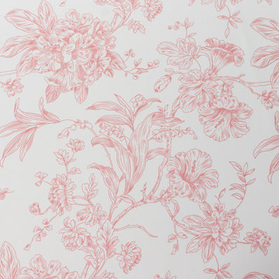 Floral pattern wallpaper in soft pink tones on a white background.