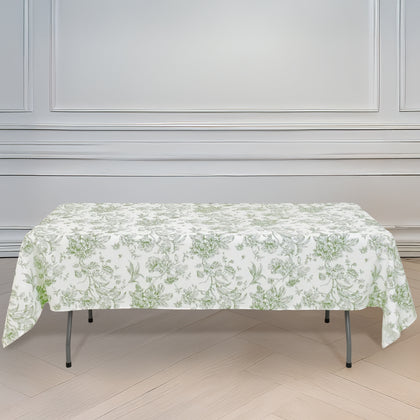 Polyester Rectangular Tablecloth 60"x102" White with Dusty Sage Green French Toile Pattern - Sophisticated Table Cover for Chic Weddings & Events