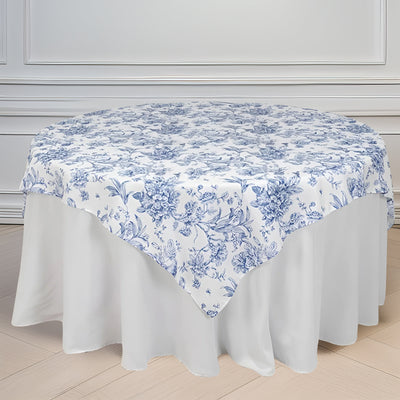 Floral round tablecloth in blue and white on a table