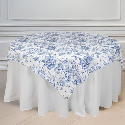 Polyester Square Table Overlay  70"x70" White with Blue French Toile Pattern - Sophisticated Table Topper for Chic Weddings & Events