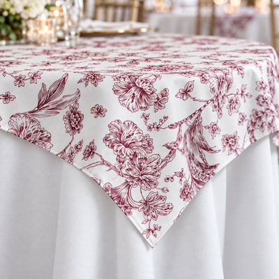 Floral red and white tablecloth on elegant dining table