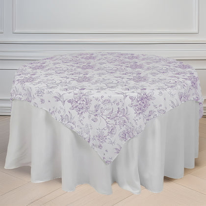 Polyester Square Table Overlay 70"x70" White with Lavender Lilac French Toile Pattern - Sophisticated Table Topper for Chic Weddings & Events