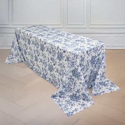 Polyester Rectangular Tablecloth 90"x132" White with Blue French Toile Pattern - Sophisticated Seamless Table Cover for Chic Weddings & Events