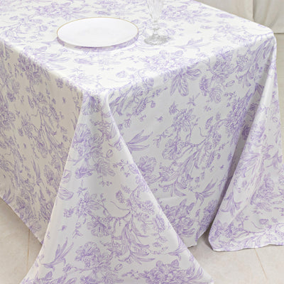 Floral lavender tablecloth draped elegantly over a table.