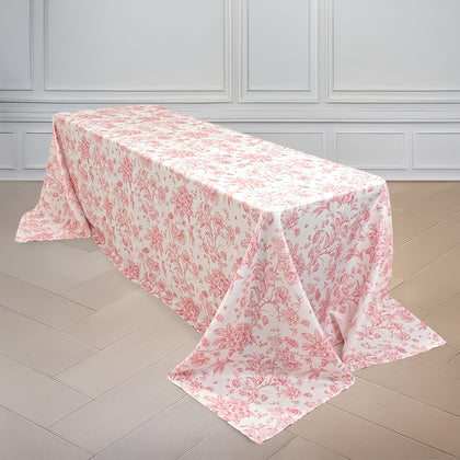 Polyester Rectangular Tablecloth 90"x132" White with Pink French Toile Pattern - Sophisticated Seamless Table Cover for Chic Weddings & Events
