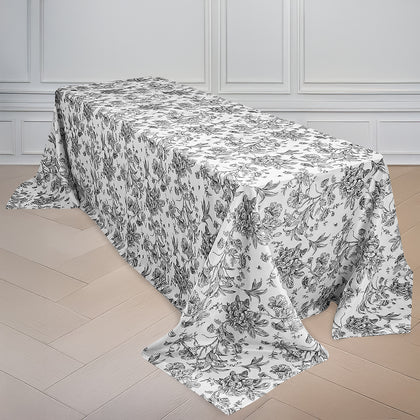 Polyester Rectangular Tablecloth 90"x156" White with Black French Toile Pattern - Sophisticated Seamless Table Cover for Chic Weddings & Events