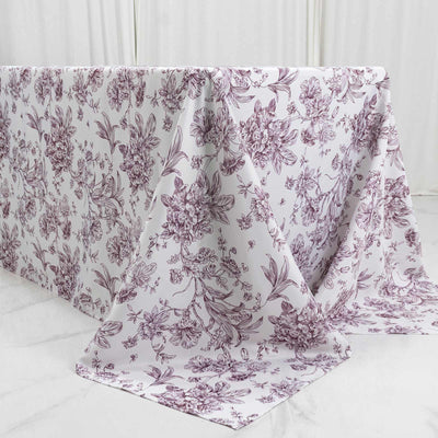 Floral pink and white tablecloth with elegant botanical print