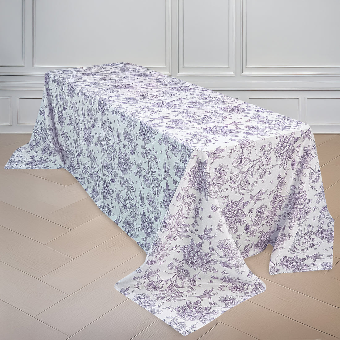 Floral tablecloth in lavender and white on a dining table