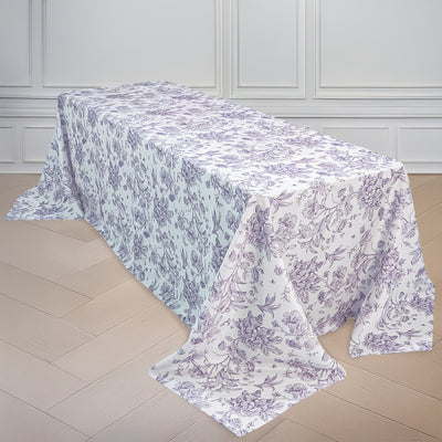 Floral tablecloth in lavender and white on a dining table
