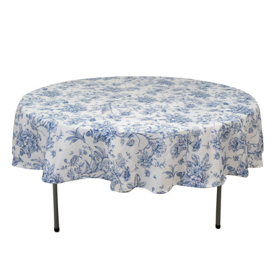 Round floral tablecloth with blue patterns on a white background