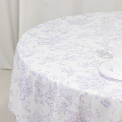 Floral-patterned round tablecloth in lavender and white.