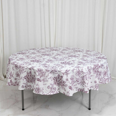 Round floral tablecloth on dining table, white with purple botanical print