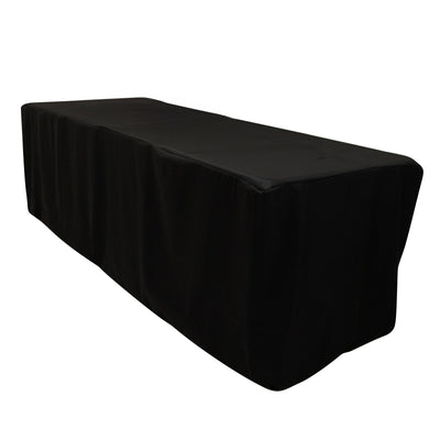 Black table cover draped over a rectangular table.