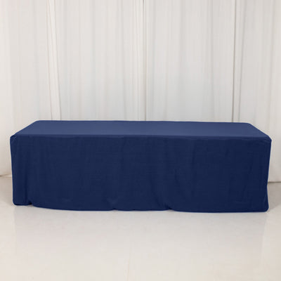 Navy blue tablecloth draped over a rectangular table