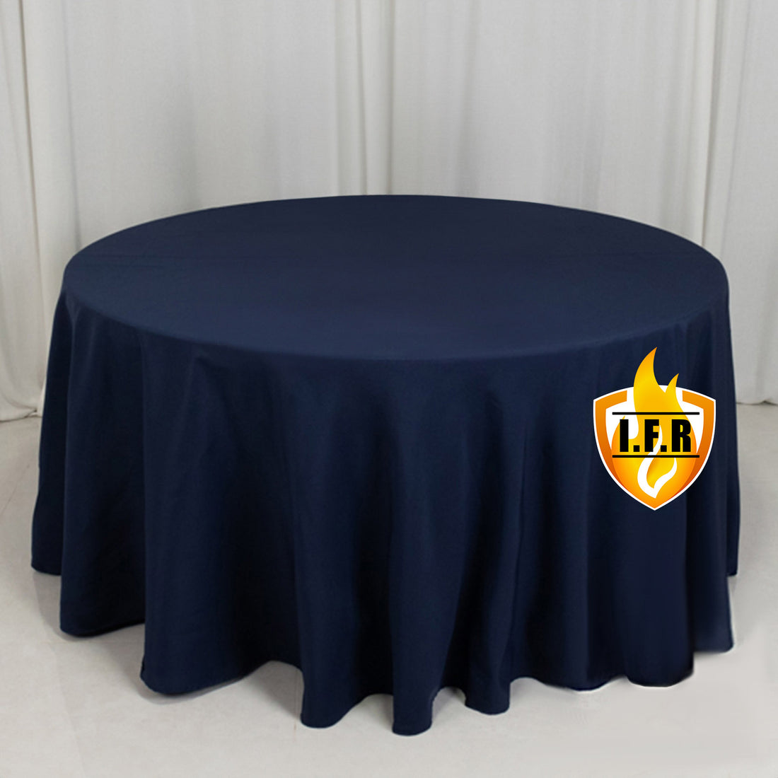Navy round tablecloth with pleated design and logo