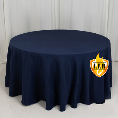 Navy round tablecloth with pleated design and logo