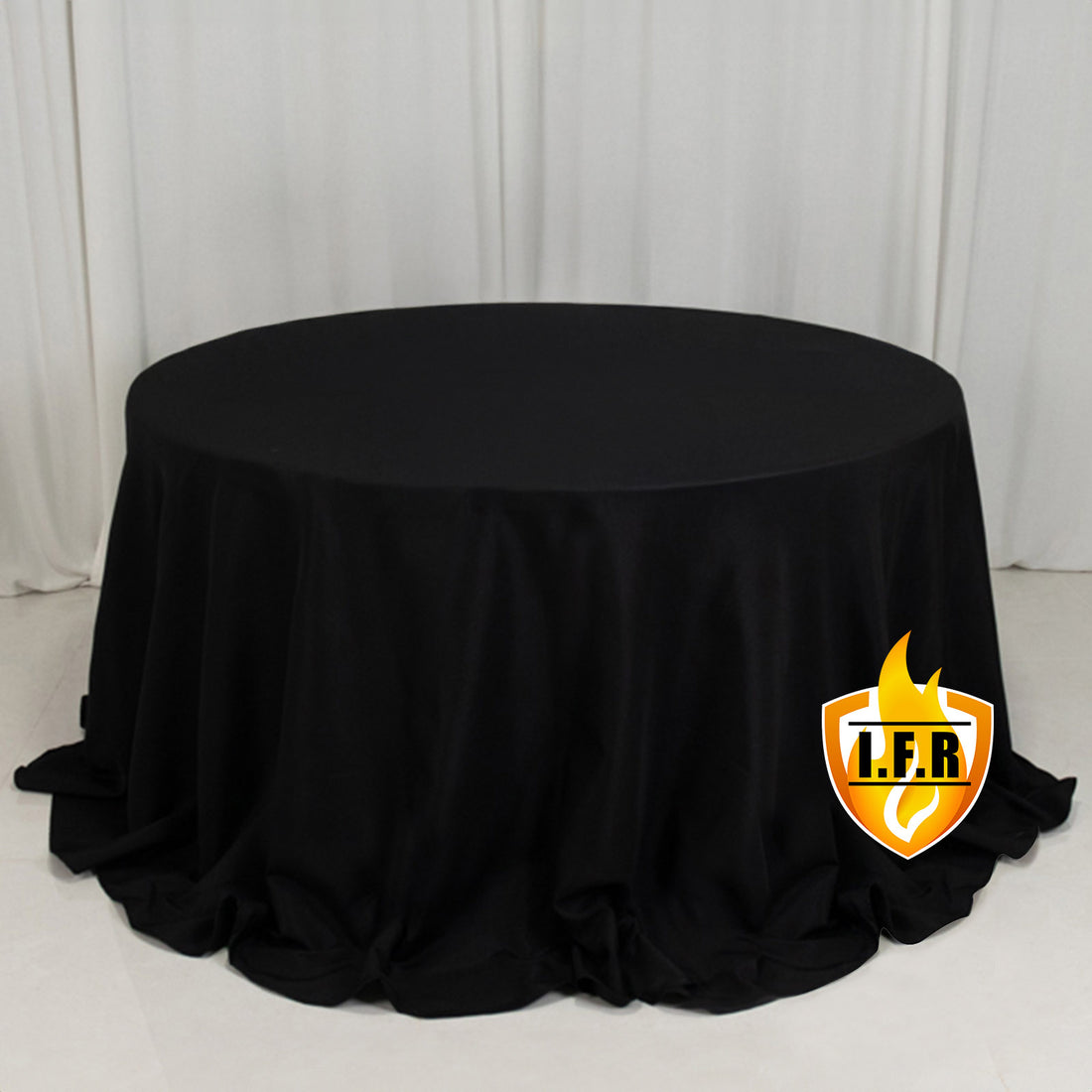 Black round tablecloth with elegant draping and logo