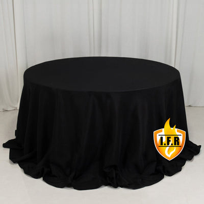 Black round tablecloth with elegant draping and logo