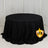 Black round tablecloth with elegant draping and logo
