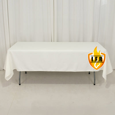 White table with a logo on the front, featuring a plain backdrop.