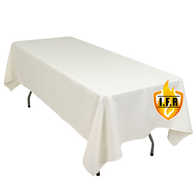 White tablecloth draped over a table with L.F.R. logo
