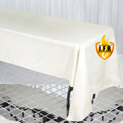 Cream tablecloth on a table with an L.F.R. logo