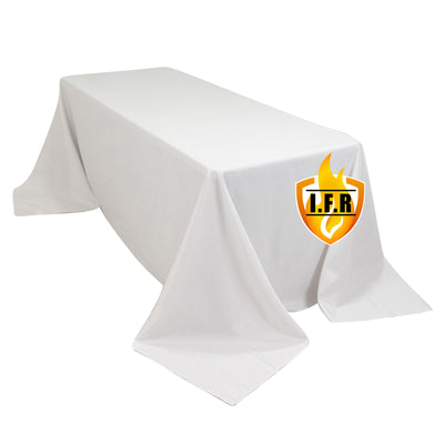 White tablecloth with logo on a plain background