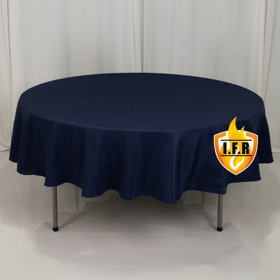 Navy round tablecloth on a table with logo