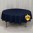 Navy round tablecloth on a table with logo
