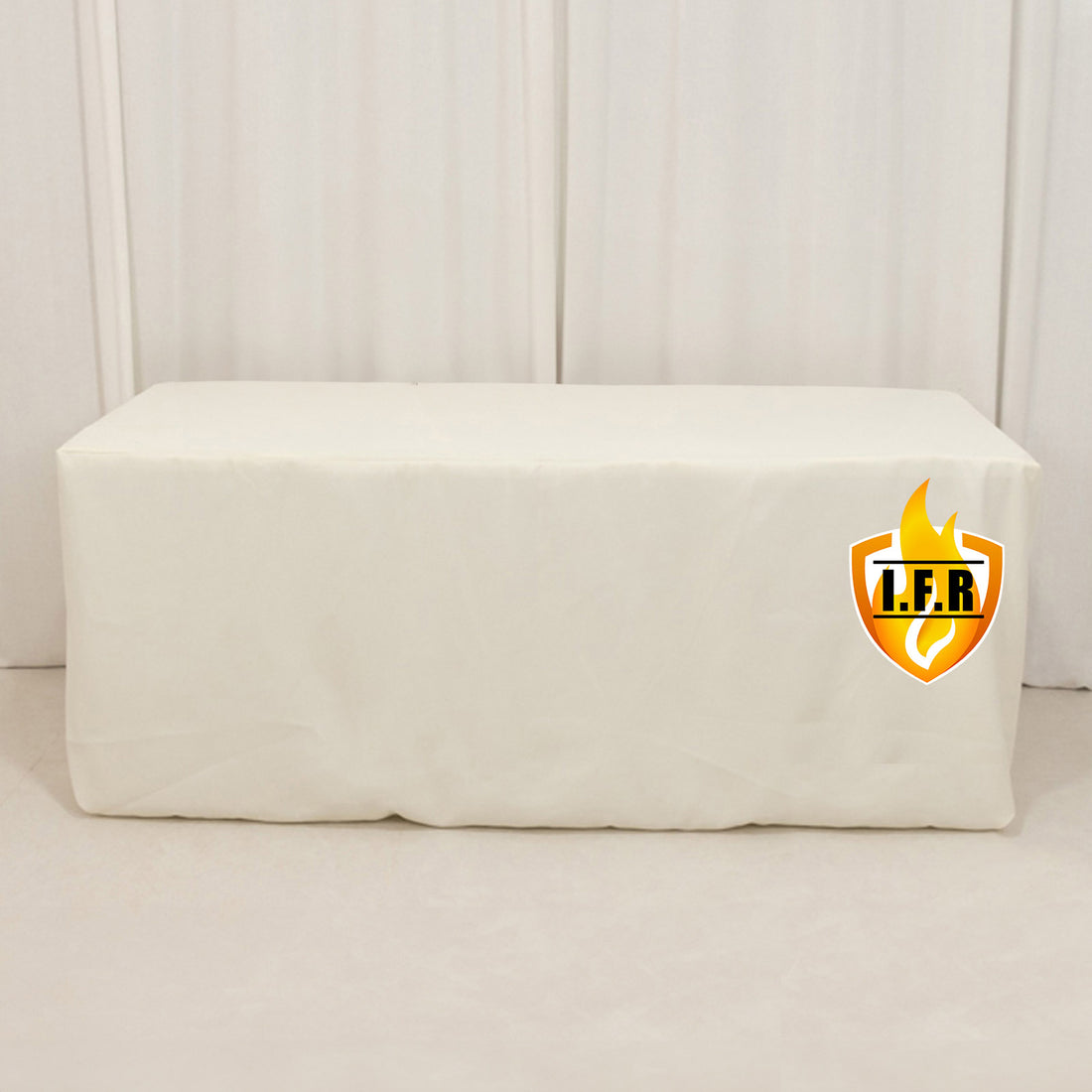 White table cover with logo, studio-style isolation shot.