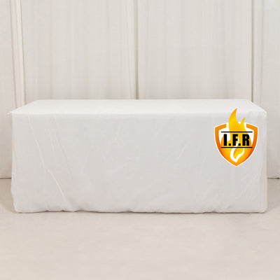 White table cover with I.F.R. logo on a plain backdrop