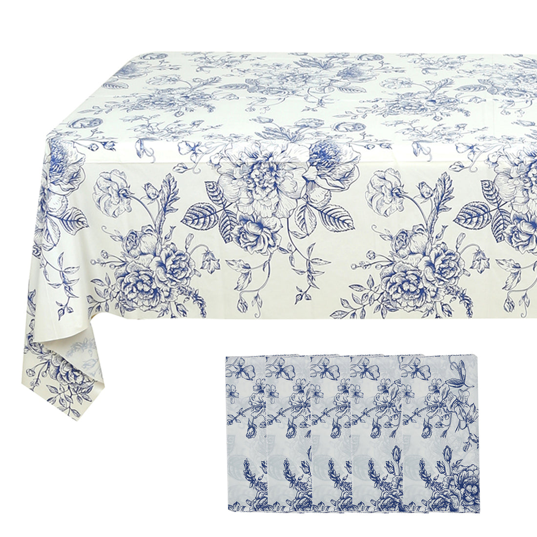 Blue floral tablecloth on a white background.
