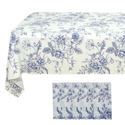 Blue floral tablecloth on a white background.