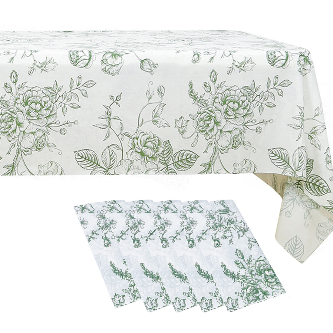 Floral-patterned tablecloth with green design on a white background