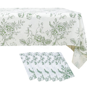 Floral-patterned tablecloth with green design on a white background