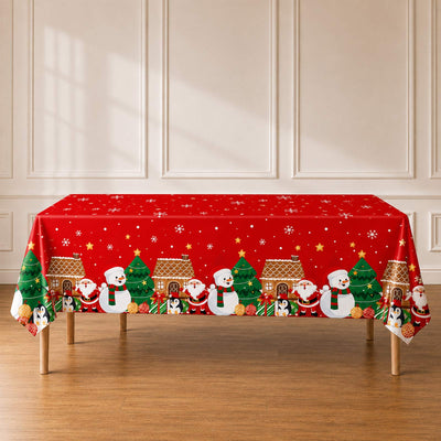 Christmas tablecloth with Santa, snowman, penguin and tree holiday print