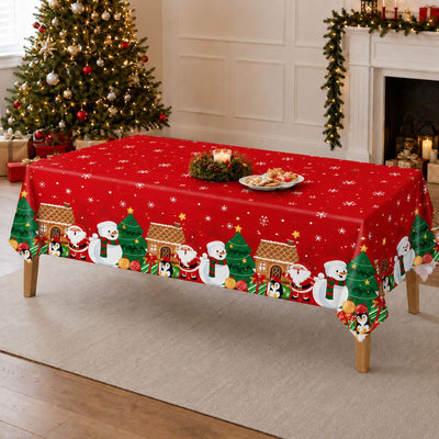 Christmas tablecloth in festive red with snowflakes, Santa and snowman design