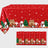 Red Christmas tablecloth with snowflakes, Santa, snowman, and gingerbread houses